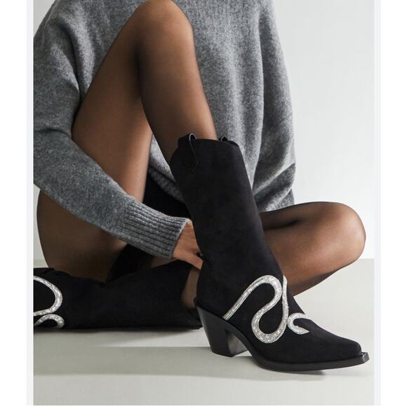 Rene Caovilla Shoes - Rene Caovilla Jeweled Snake Strass 65mm Western Boot in Black Suede 39.5